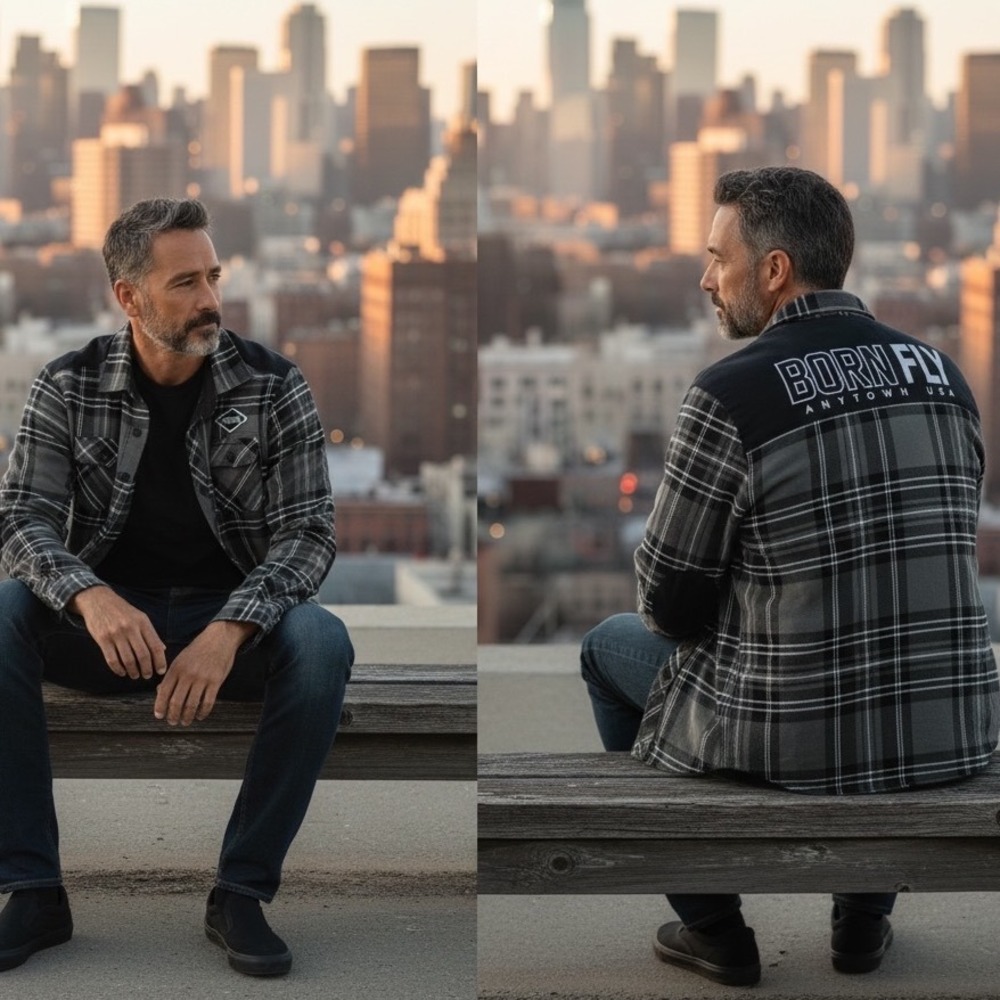 Born Fly Mens Grey Black Plaid Flannel Shirt Long Sleeve Back Embroidery Large